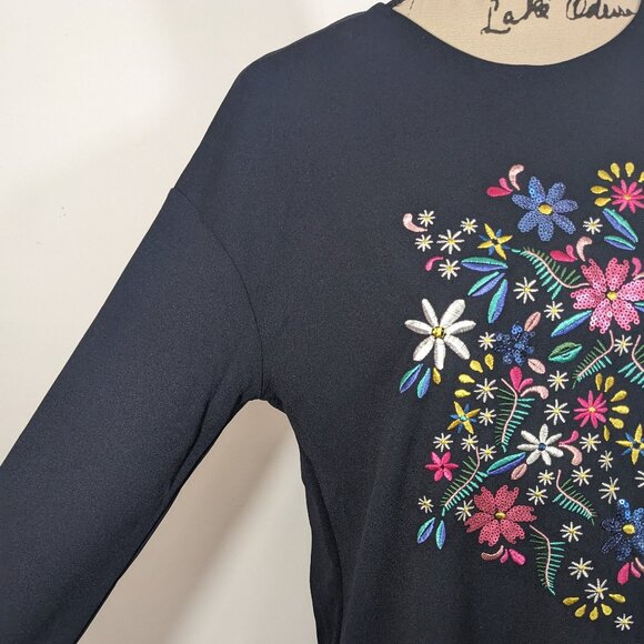 Zara Woman Basic Black Long Sleeve Embroidered Floral Shift Dress Ruffle Hem S - Picture 8 of 10
